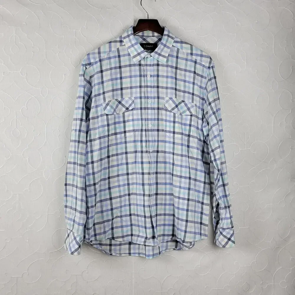 Nordstrom J Campbell Men Shirt Size L Blue Button Down Long Sleeve Chest Pockets